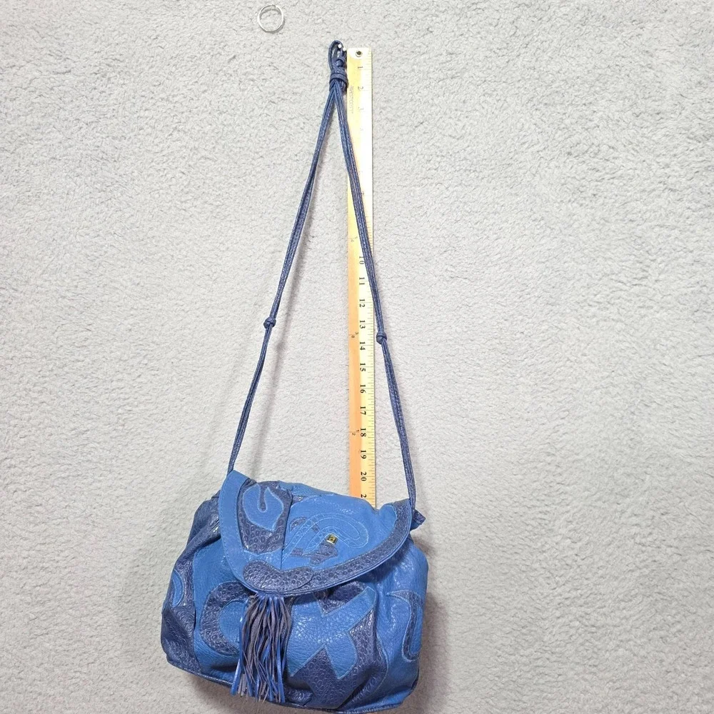 Vintage Nas Bag Blue Patchwork Leather Shoulder Bag 80's Boho Fringe Cloth Lined - Picture 6 of 7